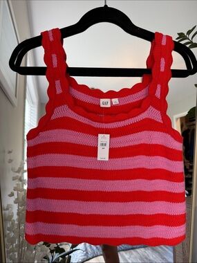 GAP Red and Pink Striped Scallop-Edge Knit Crop Tank